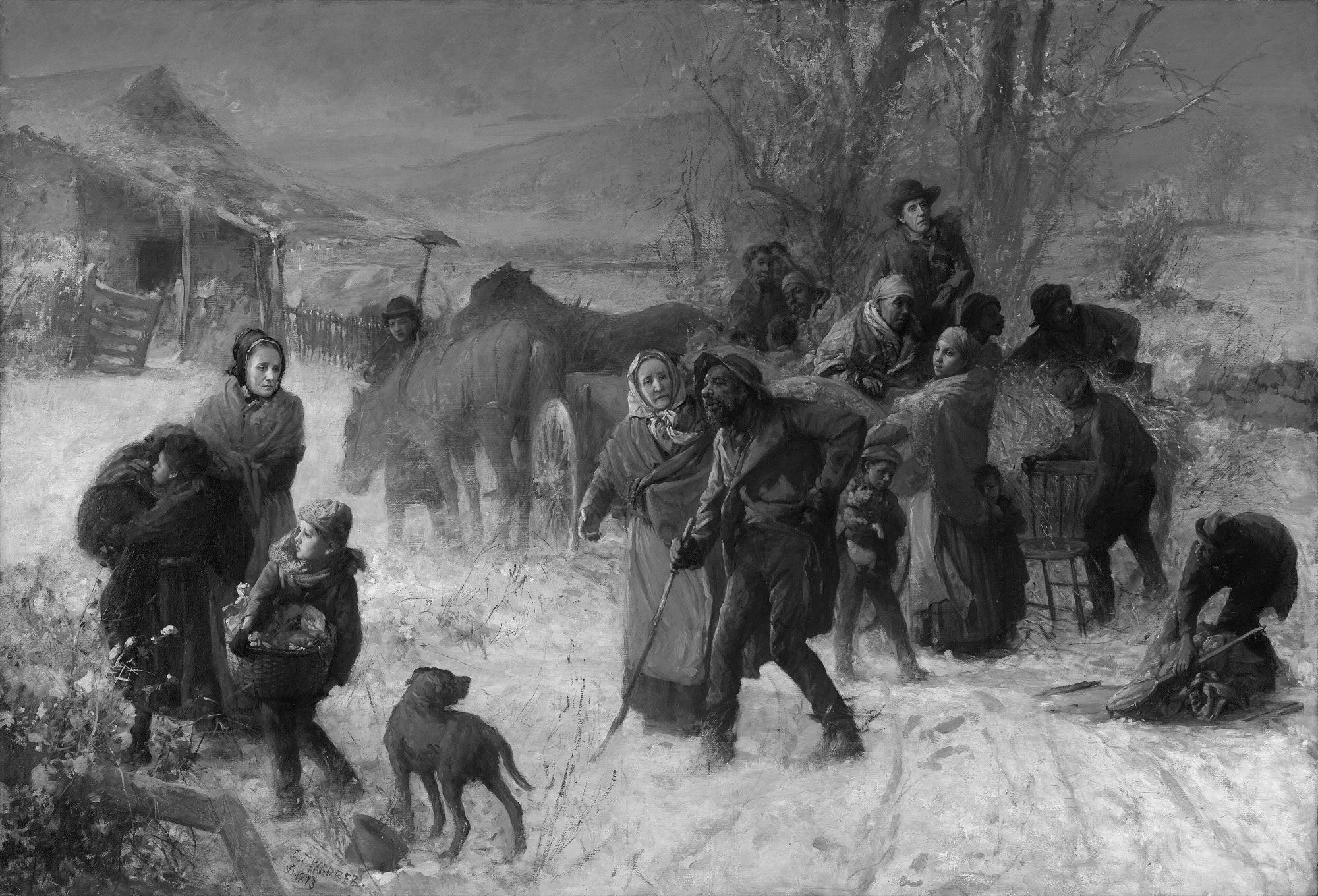 Painting of a family escaping slavery arriving at a snowy Indiana farm, received by Quaker abolitionists Levi and Catharine Coffin.